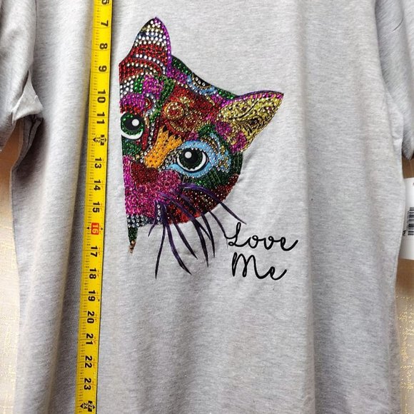CAT LOVER Rhinestone plus size, Bling Tee, Exclusive. Handmade. GRAY - Picture 6 of 7
